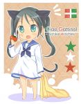  aqua_eyes black_hair blanket cat_ears cat_tail eating fang food food_on_face francesca_lucchini italian star strike_witches tail tomato twintails young yuni_(artist) 