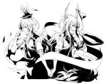  1girl back-to-back covering_mouth dual_persona ex-keine fang hand_holding hat holding_hands horns kamishirasawa_keine long_hair monochrome multiple_girls open_mouth scroll short_sleeves standing stc tail touhou white_background 