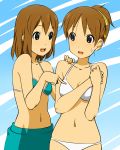  2girls bikini blush brown_hair hair_ribbon highres hirasawa_ui hirasawa_yui k-on! maria_1/2 multiple_girls navel open_mouth ponytail ribbon siblings sisters swimsuit 