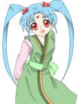  arms_behind_back blue_hair edasan facial_mark hair_ornament long_sleeves masaki_sasami_jurai obi open_mouth red_eyes robe simple_background sleeveless solo standing tenchi_muyou! twintails white_background 