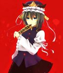 aco_(brcl97) blue_eyes covering_mouth green_hair hat long_sleeves rod rod_of_remorse shikieiki_yamaxanadu short_hair solo standing touhou wide_sleeves 