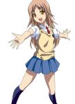  :d black_legwear blonde_hair brown_eyes gure_po kneehighs long_hair looking_at_viewer miyamoto_konatsu necktie open_mouth outstretched_arms outstretched_hand pleated_skirt school_uniform skirt smile solo spread_arms sweater_vest tari_tari white_background 
