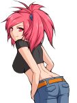  ass asuna_(pokemon) back belt breasts butt_crack crop_top from_behind gym_leader highres jeans large_breasts long_hair looking_back midriff nuana pink_eyes pink_hair pokemon pokemon_(game) pokemon_rse ponytail simple_background smile solo white_background 