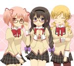  akemi_homura bespectacled black_hair black_legwear blonde_hair blush bow braid checkered checkered_skirt closed_eyes drill_hair eyes_closed glasses hair_ornament hairband highres kaname_madoka long_hair mahou_shoujo_madoka_magica multiple_girls open_mouth panties pantyhose pantyshot_(standing) pink_eyes pink_hair purple_eyes red-framed_glasses ryoutan school_uniform shirt short_hair skirt smile tomoe_mami twin_braids twin_drills twintails underwear violet_eyes white_panties 