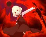  blonde_hair ex-rumia long_skirt long_sleeves moon necktie open_mouth outstretched_arms red_eyes red_moon rumia short_hair skirt smile solo sword touhou weapon 