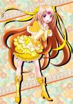  boots brown_hair bubble_skirt capelet cure_muse cure_muse_(yellow) heart long_hair lovelabo pink_eyes precure shirabe_ako solo suite_precure tiara very_long_hair 