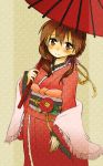  alternate_costume alternate_hairstyle brown_eyes brown_hair gertrud_barkhorn japanese_clothes kimono oruco_(artist) shawl solo strike_witches umbrella 