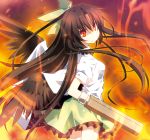  arm_cannon bird_wings bow brown_hair cape hair_bow hime_takeo long_hair puffy_sleeves red_eyes reiuji_utsuho short_sleeves solo touhou turning very_long_hair weapon wings 