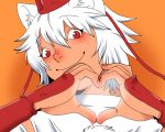  close-up face gauntlets heart heart_hands inubashiri_momiji onikobe_rin red_eyes short_hair silver_hair simple_background smile solo touhou 