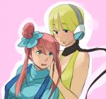  blonde_hair blue_eyes breasts cable fuuro_(pokemon) gym_leader hair_ornament headphones kamitsure_(pokemon) large_breasts magical_ondine multiple_girls pokemon pokemon_(game) pokemon_bw red_hair redhead short_hair topknot 