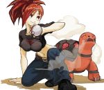  1girl asuna_(pokemon) breasts crop_top cue_(seihattou) gym_leader highres holding holding_poke_ball impossible_clothes impossible_shirt jeans long_hair midriff navel one_knee poke_ball pokemon pokemon_(creature) pokemon_(game) pokemon_rse ponytail red_eyes red_hair redhead smile steam torkoal 