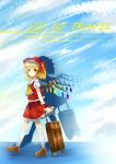  alternate_headwear ascot blonde_hair boki_god bow english flandre_scarlet hair_bow hat highres luggage puffy_sleeves red_eyes rolling_suitcase short_hair short_sleeves solo touhou wings wrist_cuffs 