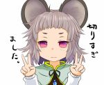  animal_ears bangs blunt_bangs blush double_v forehead grey_hair hikimayu ishikkoro jewelry mouse_ears nazrin necklace pink_eyes red_eyes short_hair solo touhou translated translation_request v 