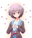  bad_id brown_eyes cardigan grey_hair heart nagato_yuki school_uniform serafuku short_hair smile suzumiya_haruhi_no_yuuutsu take_(office-t) 