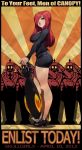  2012 bare_legs black_egrets breasts hair_over_one_eye high_heels large_breasts lips long_hair miniskirt parasoul_(skullgirls) poster propaganda red_eyes red_hair redhead robaato salute shoes skirt skullgirls soldier solo umbrella 