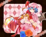  ascot bat_wings blonde_hair blue_hair character_name crystal fang flandre_scarlet flower hat hat_ribbon highres hug jewelry multiple_girls naata55 open_mouth puffy_sleeves red_eyes remilia_scarlet ribbon rose short_hair short_sleeves siblings sisters smile touhou wings wrist_cuffs 