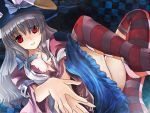  animal_ears bow breasts bunny_ears cleavage dress grey_hair hat irisu_kyouko irisu_syndrome long_hair open_clothes rabbit_ears red_eyes risutaru solo striped striped_legwear thigh-highs thighhighs witch_hat 