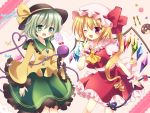  ascot blonde_hair cake candy doughnut dress flandre_scarlet food green_eyes green_hair hat komeiji_koishi laevatein long_hair mayo_(miyusa) multiple_girls red_eyes side_ponytail third_eye touhou wings wink 