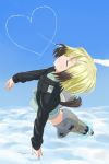  blonde_hair closed_eyes cloud condensation_trail dog_tail erica_hartmann eyes_closed heart highres military military_uniform multicolored_hair sky solo strike_witches striker_unit tail uniform weekly10 