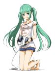  barefoot blue_eyes casual clothes_writing couzone green_hair hatsune_miku headphones kneeling long_hair shorts simple_background sketch solo twintails vocaloid white_background 