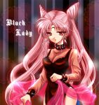  adult bishoujo_senshi_sailor_moon black_lady breasts character_name chibi_usa cleavage crescent double_bun dress earrings facial_mark forehead_mark jewelry long_hair pink_hair red_eyes sash shirataki_kaiseki solo sparkle twintails 