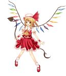  ascot blonde_hair blush crystal fang flandre_scarlet frills hat hat_ribbon laevatein open_mouth puffy_sleeves red_eyes ribbon short_hair short_sleeves solo touhou weapon white_background wings wrist_cuffs 