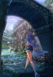  1girl belt blonde_hair blue_eyes bridge brown_hair denim denim_shorts fish grin hat hat_removed headwear_removed highres looking_back net original oropi ponytail river running sandals scenery short_hair shorts smile walking 