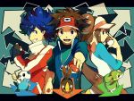  1girl 2boys black_hair brown_hair directional_arrow double_bun fingerless_gloves gloves grin holding holding_poke_ball hue_(pokemon) jacket kyouhei_(pokemon) looking_at_viewer mei_(pokemon) multiple_boys oshawott poke_ball pokemon pokemon_(creature) pokemon_(game) pokemon_bw2 raglan_sleeves ribbon skyloop19 smile snivy spiked_hair spiky_hair tepig twintails visor_cap 