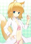  :o absurdres animal_ears aqua_eyes argyle argyle_background blonde_hair bra fox_ears fox_tail highres holding open_mouth original panties pink_bra pink_panties popsicle shirt solo tail tanakahazime underwear white_shirt 