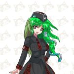  alphes_(style) armband felyne frog_hair_ornament green_hair hair_ornament hair_tubes hat healer_u_(armor) kaoru_(gensou_yuugen-an) kochiya_sanae long_hair long_sleeves military military_uniform monster_hunter parody snake_hair_ornament solo star star-shaped_pupils style_parody symbol-shaped_pupils touhou uniform 