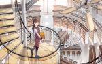  book bookshelf brown_eyes brown_hair carrying ceiling_fan chair copyright_request highres library long_hair looking_at_viewer office_lady pantyhose ponytail shimetta_oshime spiral_staircase stairs table 
