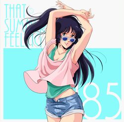  black_hair choujikuu_yousai_macross denim denim_shorts english fashion glasses lady-steady-go long_hair lynn_minmay macross macross:_do_you_remember_love? oldschool short_shorts shorts smile unbuttoned 