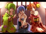  :q ahoge bare_shoulders bell bell_(rbb) blue_(rbb) blue_bra blue_hair blue_panties bra breasts character_request cleavage green_hair hat highres japanese_clothes kimono letterboxed long_hair multiple_girls navel obi off_shoulder orange_hair original panties payot ponytail rainy_(rbb) rainybluebell rojiko short_hair sitting smile tongue underwear wink yokozuwari 