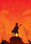  1boy bass_guitar city ddreams flcl from_behind horizon instrument male nandaba_naota power_lines ruins shorts silhouette sky solo standing sunset 