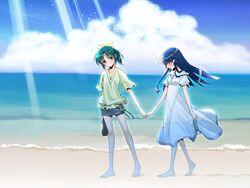  aoki_reika barefoot beach blue_hair blush closed_eyes cloud clouds dress eyes_closed green_eyes green_hair hair_tubes hand_holding holding_hands legs long_hair looking_back midorikawa_nao multiple_girls ponytail precure sky smile smile_precure! sun sunbeam sunlight takano_saku walking 