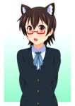  animal_ears blush brown_hair cat_ears glasses highres k-on! manabe_nodoka nangokushirokuma open_mouth red_eyes school_uniform solo 