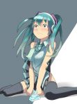  bare_shoulders blush bottomless grey_background hatsune_miku headphones holding holding_panties necktie no_panties panties proyumer simple_background sitting skirt skirt_lift sleeveless solo striped striped_panties surprised underwear v_arms vocaloid wariza white_background wind_lift 
