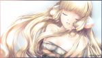  2012 bandage bandages bare_shoulders blonde_hair border chii chobits closed_eyes dated eyes_closed hair_tubes highres long_hair parted_lips ribbon robot_ears sad solo takesanhoukine tears white 