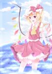  ascot blonde_hair bow cloud clouds crystal curtsey flandre_scarlet hat hat_bow open_mouth puffy_sleeves red_eyes short_hair short_sleeves side_ponytail sky solo standing touhou wings wrist_cuffs 