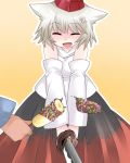  ^_^ aenobas anger_vein animal_ears chocolate_banana closed_eyes commentary detached_sleeves eyes_closed grey_hair hammer_(sunset_beach) hat inubashiri_momiji open_mouth short_hair skirt smile solo sprinkles sword tokin_hat touhou weapon wolf_ears 