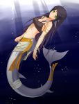  absurdres bare_shoulders black_hair copyright_request detached_sleeves dress elbow_gloves gloves green_eyes highres jewelry long_hair mermaid midnight_(artist) midriff mole monster_girl necklace solo underwater underwear 