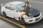  blazer brown_eyes brown_hair car champagne evokid female glass mitsubishi mitsubishi_lancer motor_vehicle necktie original right_hand_drive school_uniform short_hair sitting_on_car skirt solo vehicle 