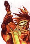  1boy absurdres fingerless_gloves forehead_protector gloves guilty_gear headband highres ishiwatari_daisuke monochrome reverse_grip sepia sol_badguy solo spiky_hair sword weapon 