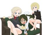  barefoot black_hair blonde_hair blue_eyes couch eating erica_hartmann fang food fork francesca_lucchini green_eyes hair_ribbon highres martina_crespi military military_uniform multiple_girls potato ribbon side_ponytail sitting strike_witches twintails uniform weekly10 
