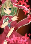  blue_eyes bow front_ponytail green_hair hair_bow highres kagiyama_hina kuromugi long_hair puffy_sleeves short_sleeves smile solo touhou wrist_cuffs 