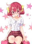  bespectacled glasses hoshizora_miyuki pink-framed_glasses pink_eyes pink_hair plaid precure shirt short_hair short_twintails sitting skirt smile smile_precure! solo star starry_background tokunou_shoutarou twintails white_background 
