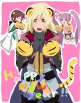  2boys animal_ears asbel_lhant bad_id blonde_hair brown_hair cat_paws claws fangs happy_new_year highres long_hair multiple_boys new_year no_nose open_mouth paws purple_hair richard_(tales_of_graces) rough sasayama_panda short_hair sophie_(tales_of_graces) tail tales_of_(series) tales_of_graces tiger_ears tiger_tail twintails yellow_eyes 