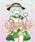  adworse cat&#039;s_cradle cat's_cradle closed_eyes eyes_closed green_hair hands hat heart komeiji_koishi open_mouth short_hair smile solo third_eye touhou 