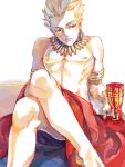  1boy armlet blonde_hair bracelet crossed_legs earrings fate/zero fate_(series) gilgamesh goblet jewelry kurozukuri legs_crossed red_eyes shirtless sitting solo spill tegaki toga wine 