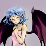  bare_shoulders bat_wings blue_hair camisole flat_chest grey_background hand_on_own_chest large_wings magical_ondine pointy_ears red_eyes remilia_scarlet short_hair simple_background smile solo touhou vampire wings wink 